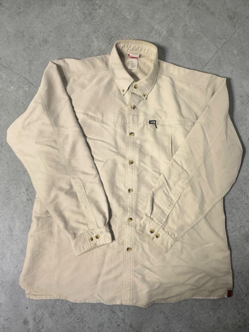 North Face Shirt Mens XL Button Front Long Sleeve Beige Pocket Distressed